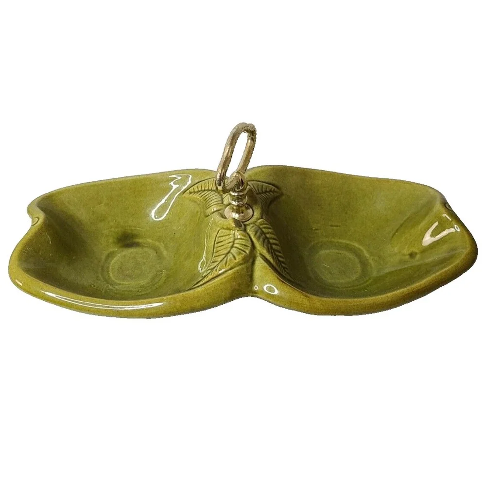 Vintage California Pottery Two Compartment Green Apple Serving Dish With Handle